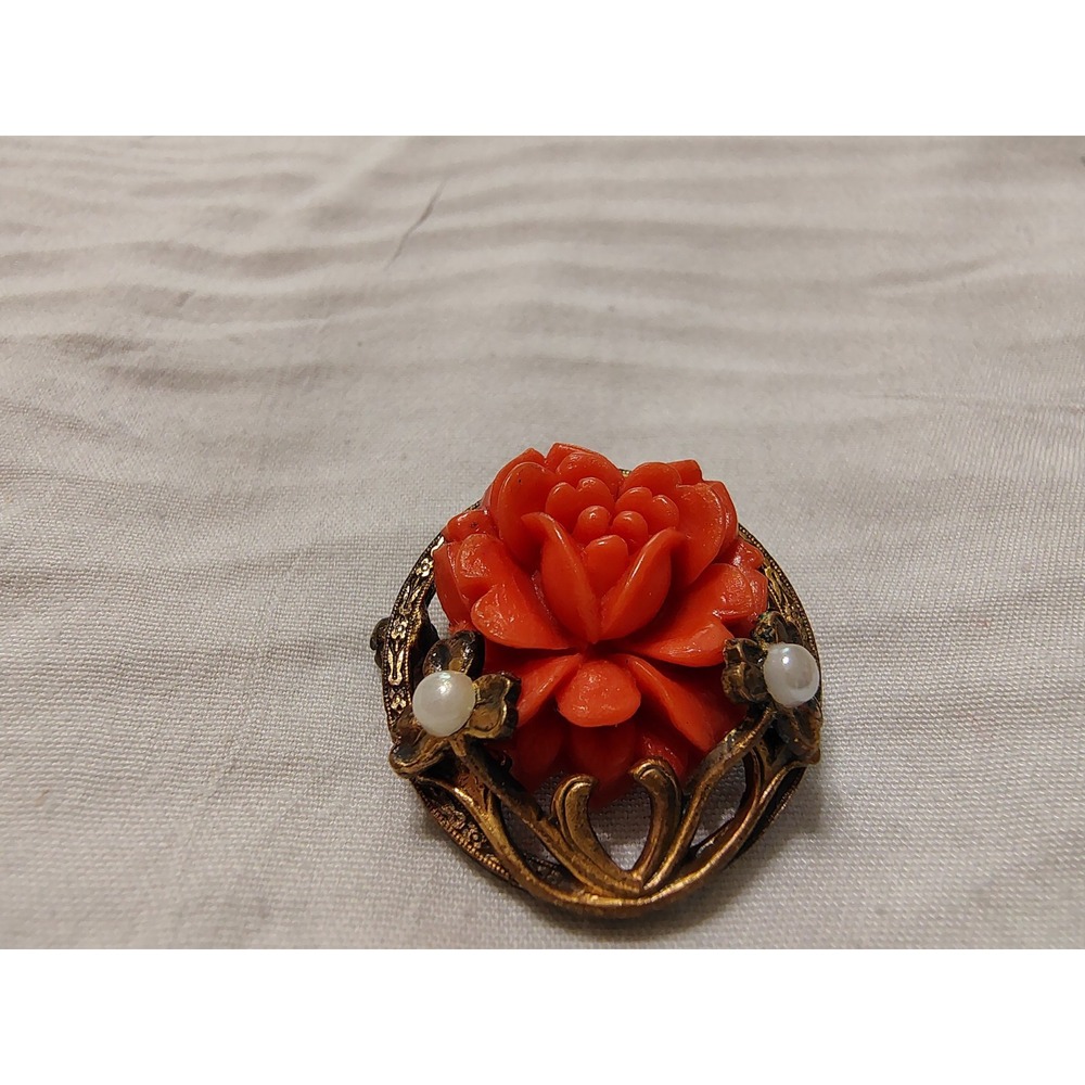 Antique Brooch C Clasp Celluloid Flower And Glass Pearls On Brass Gold Tone